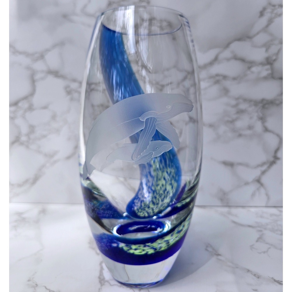 Vtg Caithness Scotland Art Glass Vase Etched Whale & Calf Ocean Nautical 8 Inch